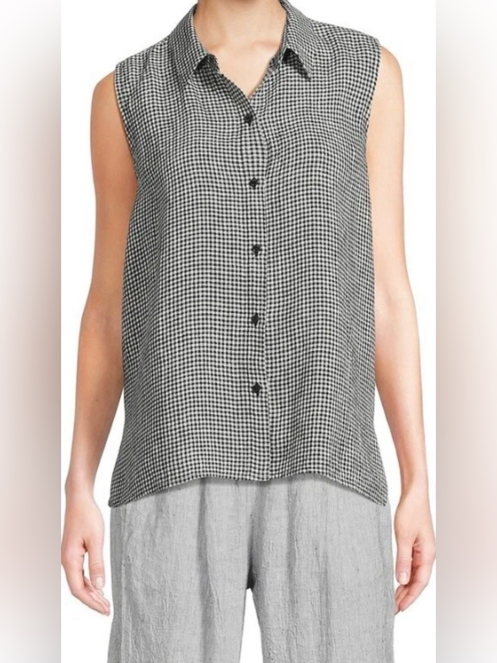 Eileen Fisher puckered organic Linen Gingham Button-Front tank Top - Black/White